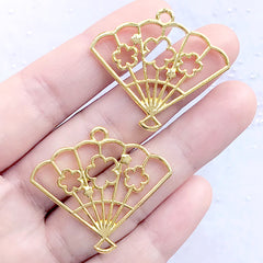 Plum Blossom Hand Fan Open Bezel Pendant | Oriental Plum Flower Deco Frame of UV Resin Filling (2 pcs / Gold / 36mm x 32mm)