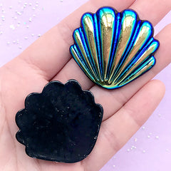 Dual Chrome Aura Shell Resin Cabochons | Kawaii Mermaid Cabochon | Decoden Embellishment | Hair Bow Supplies (2 pcs / Black / 40mm x 38mm)