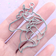 Kawaii Unicorn Head Open Bezel | Magical Girl Pendant | Mythical Creature Deco Frame | UV Resin Jewelry DIY (1 piece / Silver / 43mm x 58mm)