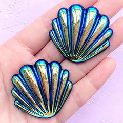 Dual Chrome Aura Shell Resin Cabochons | Kawaii Mermaid Cabochon | Decoden Embellishment | Hair Bow Supplies (2 pcs / Black / 40mm x 38mm)