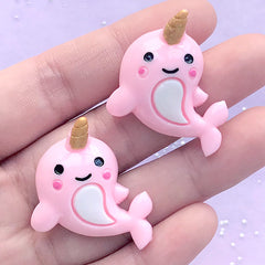 Kawaii Dolphin with Horn Cabochons | Magical Unicorn Dolphin Embellishment | Phone Case Decoden Supplies (2 pcs / Pink / 25mm x 32mm)