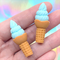 3D Ice Cream Cabochon | Miniature Food Craft | Fake Sweet Embellishment | Kawaii Jewelry Supplies (2 pcs / Blue / 15mm x 37mm)