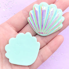 Large Aura Shell Cabochon | Iridescent Decoden Cabochons | Kawaii Mermaid Embellishments | Beach Decorations (2 pcs / Green / 40mm x 38mm)