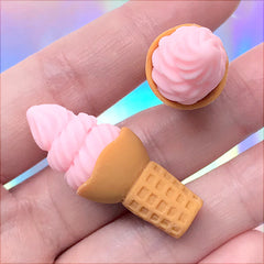 Strawberry Ice Cream Cabochons | Miniature Food Jewelry Making | Kawaii Sweet Decoden (2 pcs / Pink / 15mm x 37mm)