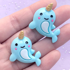 Unicorn Dolphin Cabochons | Kawaii Animal Decoden Pieces | Marine Life Embellishment | Kawaii Jewelry Supplies (2 pcs / Blue / 25mm x 32mm)