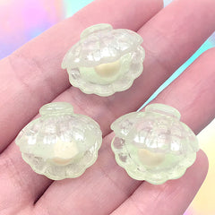 Scallop Shell and Pearl Cabochons | 3D Seashell Embellishment | Kawaii Mermaid Jewellery DIY (3 pcs / Green / 21mm x 19mm)