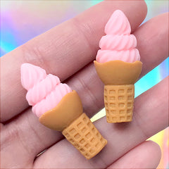Strawberry Ice Cream Cabochons | Miniature Food Jewelry Making | Kawaii Sweet Decoden (2 pcs / Pink / 15mm x 37mm)