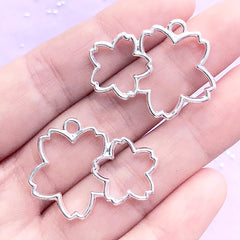 Double Sakura Open Bezel Pendant | Cherry Blossom Charm | Flower Deco Frame for UV Resin Filling (2 pcs / Silver / 31mm x 23mm / 2 Sided)