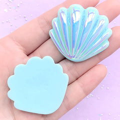 Aura Seashell Cabochon | Iridescent Decoden Cabochons | Sea Ocean Embellishments | Kawaii Jewelry Supplies (2 pcs / Blue / 40mm x 38mm)