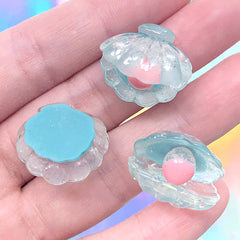 Glittery Sea Shell and Pearl Cabochons in 3D | Mermaid Embellishments | Kawaii Decoden Supplies (3 pcs / Blue / 21mm x 19mm)