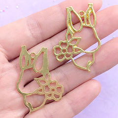 Flower Bunny Open Bezel | Floral Rabbit Head Charm | Cute Animal Deco Frame for UV Resin Filling | Kawaii Crafts (2 pcs / Gold / 26mm x 38mm)