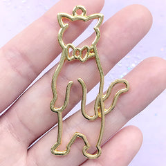 Standing Cat with Bow Open Bezel Charm | Kawaii Animal Deco Frame for UV Resin Filling (1 piece / Gold / 29mm x 56mm)