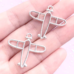 Aeroplane Open Back Bezel Charm | Airplane Pendant | Aircraft Deco Frame for UV Resin Filling (2 pcs / Silver / 29mm x 26mm / 2 Sided)