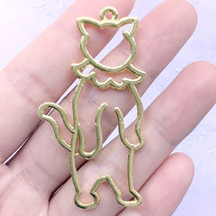 Standing Cat in Clown Costume Open Bezel Charm | Kawaii Pet Deco Frame for UV Resin Filling (1 piece / Gold / 29mm x 56mm)