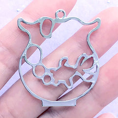 Gold Fish Bowl Open Back Bezel Charm | Goldfish Deco Frame for UV Resin Filling | Kawaii Resin Jewelry DIY (1 piece / Silver / 34mm x 39mm)