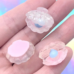 3D Sea Shell with Pearl Cabochons | Scallop Shell Embellishments with Glitter | Mermaid Jewellery DIY (3 pcs / Light Pink / 21mm x 19mm)