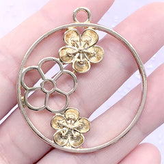Plum Blossom Circle Open Bezel Pendant | Flower Charm | Round Floral Deco Frame for UV Resin Filling (1 piece / Gold / 40mm x 44mm)