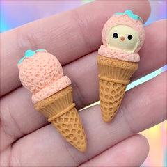 Kawaii Animal Ice Cream Cabochons | Miniature Sweet Decoden Supplies | Faux Food Jewelry Making (2 pcs / 13mm x 36mm)