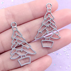 Christmas Tree Open Back Bezel Charm | Christmas Deco Frame | Holiday UV Resin Jewelry Supplies (2 pcs / Silver / 21mm x 36mm)