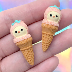 Kawaii Animal Ice Cream Cabochons | Miniature Sweet Decoden Supplies | Faux Food Jewelry Making (2 pcs / 13mm x 36mm)