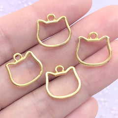 Mini Kitty Head Open Bezel Charm for UV Resin Filling | Small Cat Deco Frame | Kawaii Resin Jewelry Supplies (4 pcs / Gold / 14mm x 13mm)