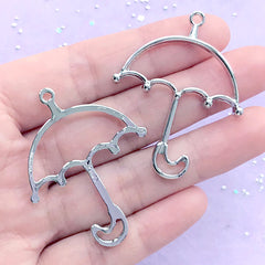 Umbrella Open Back Bezel Pendant | Kawaii Lolita Deco Frame for UV Resin Jewelry DIY (2 pcs / Silver / 36mm x 45mm)