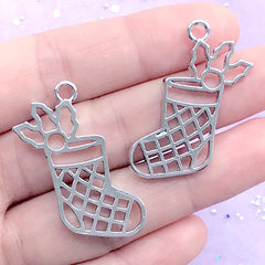 CLEARANCE Christmas Stockings Open Back Bezel Charm | Christmas Socks Deco Frame | UV Resin Craft Supplies (2 pcs / Silver / 26mm x 34mm)