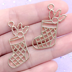 CLEARANCE Christmas Socks Open Backed Bezel Pendant | Christmas Stockings Deco Frame | UV Resin Crafts (2 pcs / Gold / 26mm x 34mm)