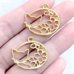 Sakura Cat Open Bezel Charm | Cherry Blossom Kitty Deco Frame | Kawaii UV Resin Jewelry DIY (2 pcs / Gold / 25mm x 23mm)