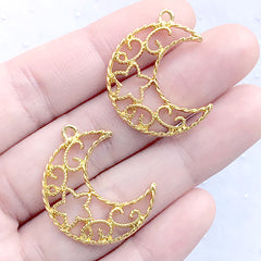 Kawaii Moon Open Back Bezel Charm | Filigree Moon and Star Deco Frame for UV Resin Filling (2 pcs / Gold / 23mm x 28mm)