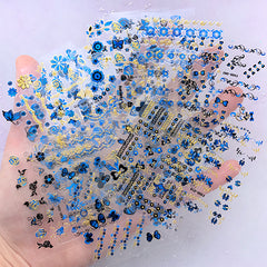 Assorted Blue Foil and Gold Foil Nail Art Sticker (Set of 15 pcs) | Flower Butterfly Bow Ribbon Embellishments | Resin Inclusions