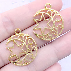 DEFECT Filigree Moon and Hexagram Open Bezel Pendant | Magical Girl Deco Frame for UV Resin Filling (2 pcs / Gold / 21mm x 25mm)