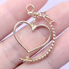 Spinning Heart Open Bezel Charm with Shooting Star | Rotary Deco Frame for UV Resin Filling | Turnable Pendant (1 piece / Gold / 23mm x 31mm)