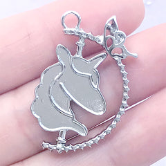 CLEARANCE Rotary Unicorn Bezel Tray Pendant with Butterfly | Magical Bezel Setting for UV Resin Filling | Mahou Kei Jewelry DIY (1 piece / Silver / 22mm x 33mm)
