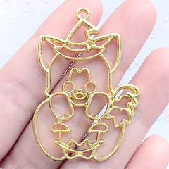 Witch Puppy with Halloween Pumpkin Open Bezel Charm | Spooky Dog Deco Frame for UV Resin Filling (1 piece / Gold / 33mm x 48mm)