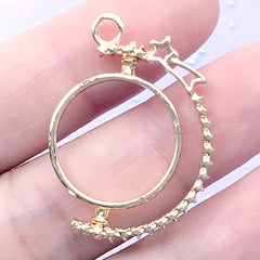 Round Rotating Open Bezel Charm with Shooting Star | Turnable Deco Frame for UV Resin Filling | Kawaii Jewelry Supplies (1 piece / Gold / 23mm x 31mm)