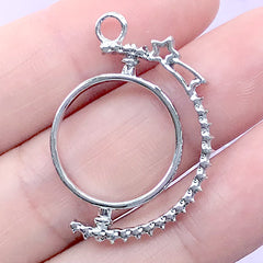 Kawaii Open Bezel Charm with Rotating Round Deco Frame with Shooting Star | Rotary Pendant (1 piece / Silver / 23mm x 31mm)