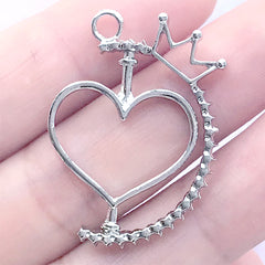 Rotating Heart Open Bezel Pendant with Crown | Spinning Deco Frame | Kawaii UV Resin Jewelry Making (1 piece / Silver / 24mm x 33mm)