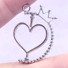 Rotating Heart Open Bezel Pendant with Crown | Spinning Deco Frame | Kawaii UV Resin Jewelry Making (1 piece / Silver / 24mm x 33mm)
