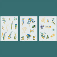 Blue Flower Stickers with Gold Foil | Golden Floral Sticker | Planner Decoration | Embellishments for Scrapbook (3 Sheets)