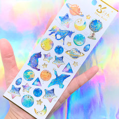 Glittery Cosmos Stickers in Galaxy Gradient Color | Magical Unicorn Cat Planet Star Moon Constellation Sticker | Home Decoration