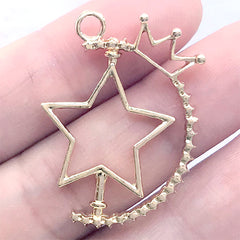 Spinning Open Bezel Charm with Crown | Star Deco Frame for UV Resin Filling | Kawaii Jewelry DIY (1 piece / Gold / 24mm x 33mm)