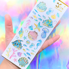 Marine Life Resin Stickers with Glitter | Tropical Fish Seashell Jellyfish Coral Sticker | Home Decor | Scrapbook Embellishment