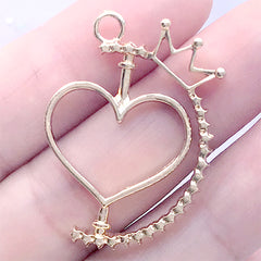 Turnable Heart Open Backed Bezel Charm with Crown | Rotating Deco Frame | Kawaii UV Resin Jewellery DIY (1 piece / Gold / 24mm x 33mm)