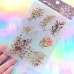 Golden Floral Stickers | Colorful Flower Embellishments with Gold Foil | Resin Inclusion | Home Decor (3 Sheets)