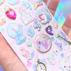 Fairytale Princess Puffy Sticker | Cinderella Alice in Wonderland Mermaid Castle Sticker | Cute Deco Sticker with Glitter