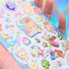 Rhinestones and Bear Puffy Sticker | Kawaii Animal Sticker | Glittery Deco Sticker | Scrapbooking Supplies