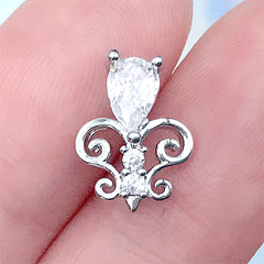 Luxury Fleur De Lis Nail Charm with Rhinestones | Royal Lily Flower Embellishment | Bling Bling Resin Inclusion (1 piece / Silver / 10mm x 13mm)