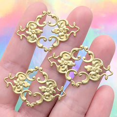 Rhombic Filigree Baroque Ornament for Jewelry DIY | Rococo Metal Accent Pieces | Antique Flower Embellishment | Floral Cabochon Base (3 pcs / Gold / 36mm x 23mm)