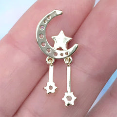 Kawaii Moon Nail Charm with Dangle Rhinestones | Magical Girl Jewelry DIY | Luxury Resin Inclusion (1 piece / Gold / 11mm x 26mm)